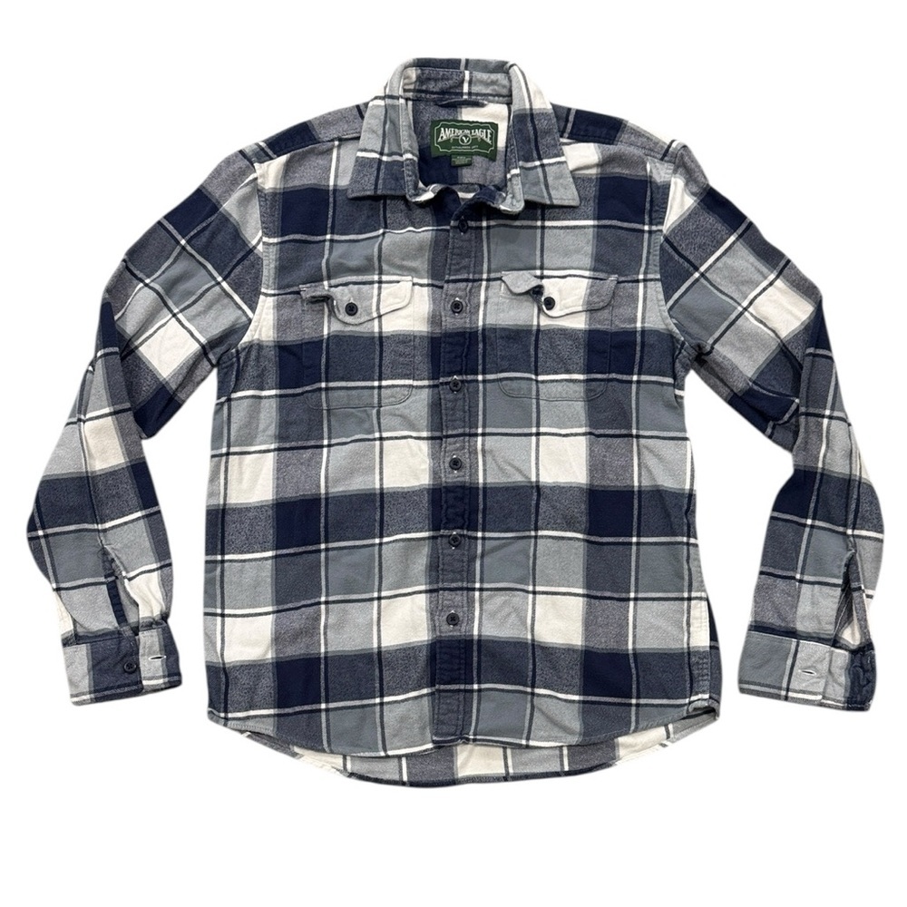 American Eagle Outfitters Navy Blue and Gray Plaid Button Down Shirt Medium